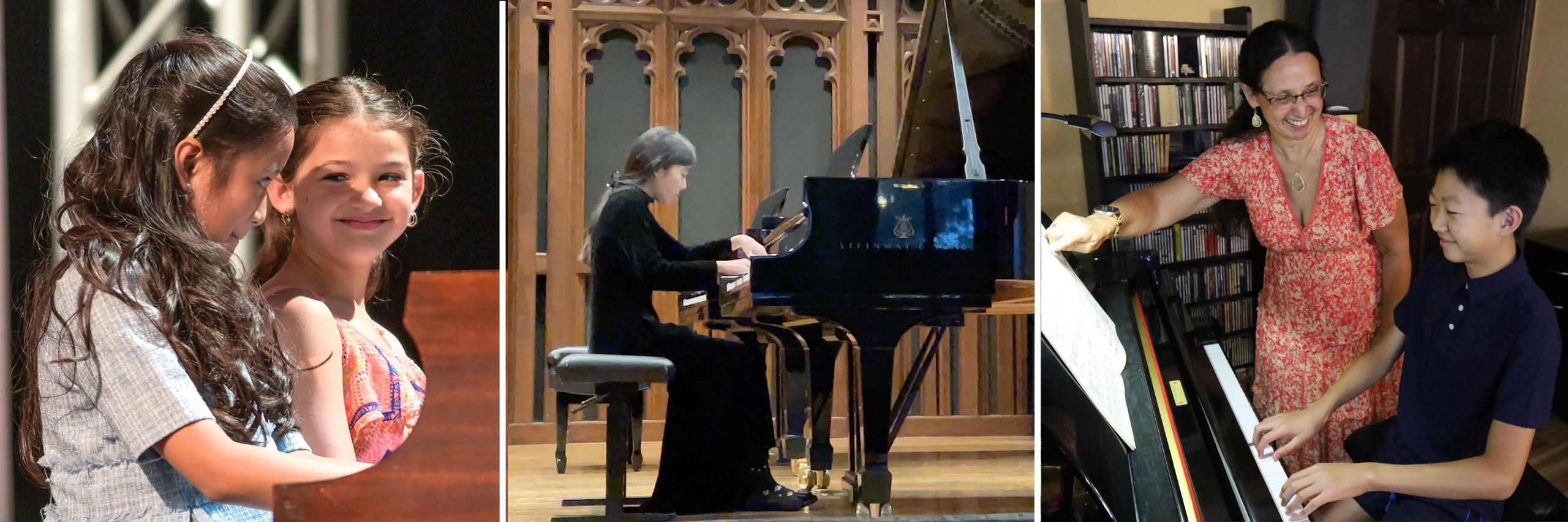 Images of students playing piano with teacher